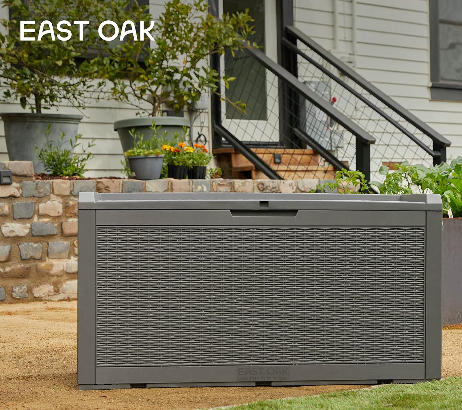 EAST OAK Outdoor Storage Box, 100 Gallon Deck Box, Waterproof Resin Storage Bench for Patio Cushions, Gardening Tools, Pool Accessories, Lockable, UV Resistant, Grey - Image 2