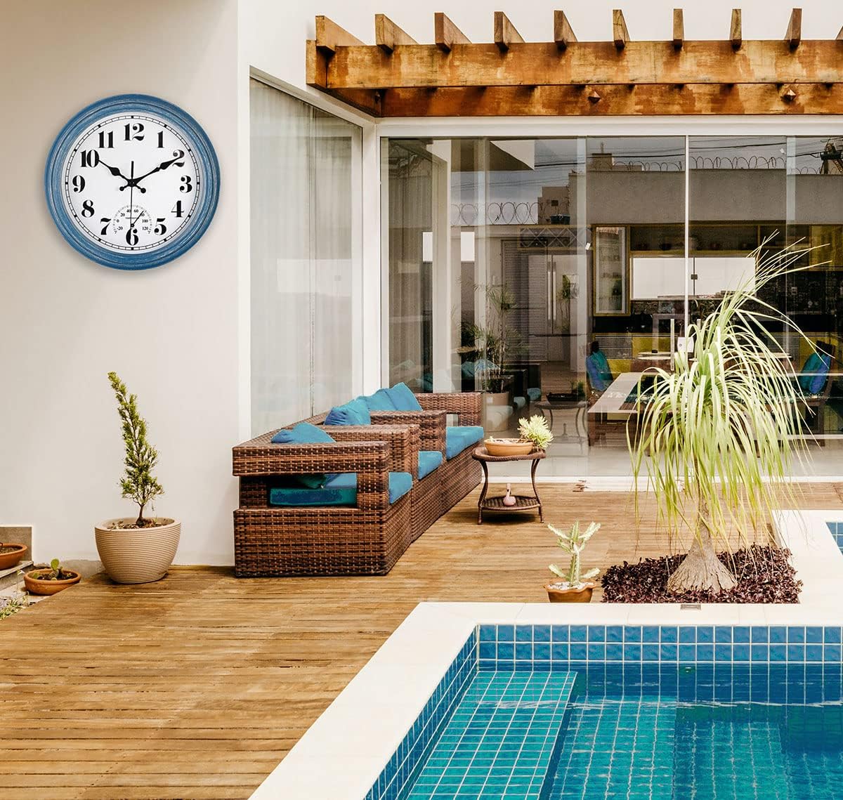 JENLYSTIME 12 Inch Indoor/Outdoor Retro Waterproof Wall Clock with Thermometer Silent Round Quartz Battery Operated Easy to Read Decorative for Kitchen Patio,Bathroom,Deck,Porch,Pool(Blue) - Image 4