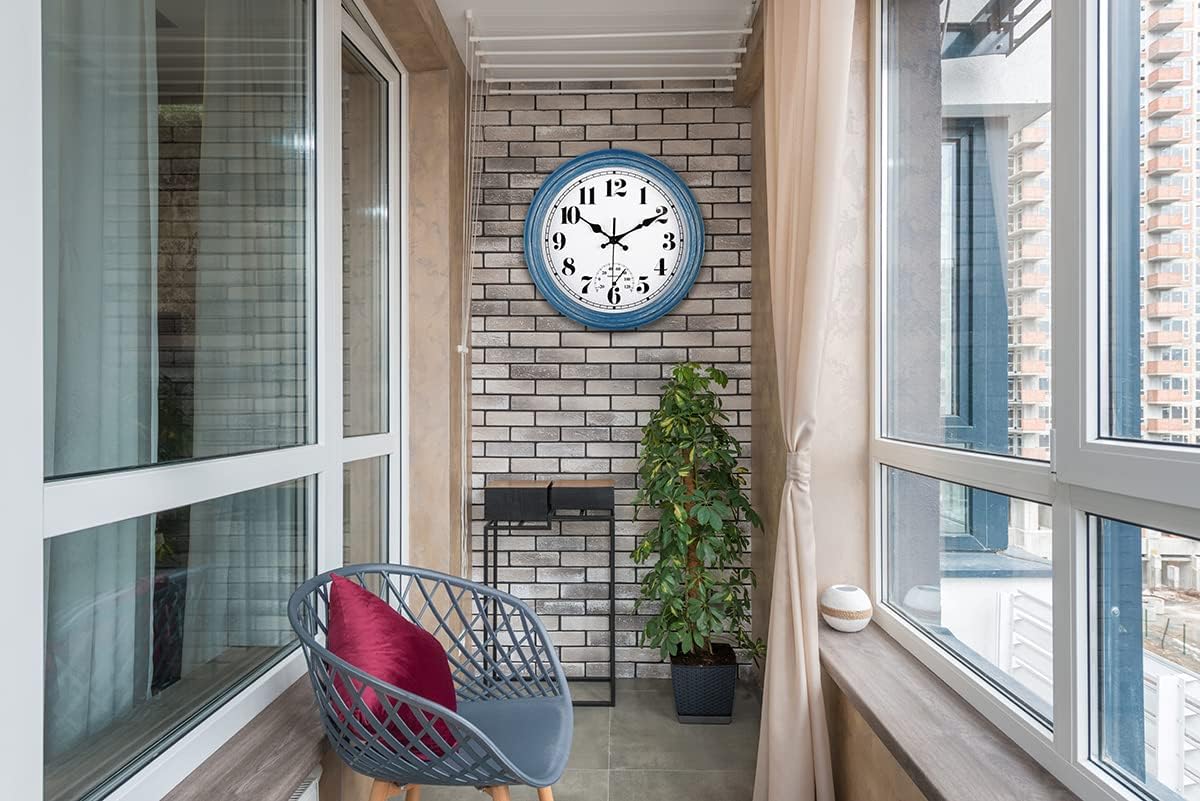 JENLYSTIME 12 Inch Indoor/Outdoor Retro Waterproof Wall Clock with Thermometer Silent Round Quartz Battery Operated Easy to Read Decorative for Kitchen Patio,Bathroom,Deck,Porch,Pool(Blue) - Image 5