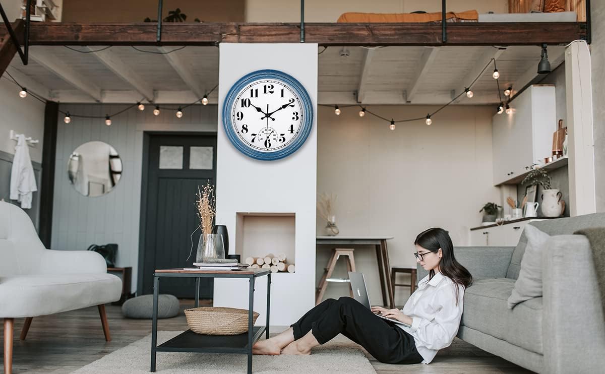 JENLYSTIME 12 Inch Indoor/Outdoor Retro Waterproof Wall Clock with Thermometer Silent Round Quartz Battery Operated Easy to Read Decorative for Kitchen Patio,Bathroom,Deck,Porch,Pool(Blue) - Image 6