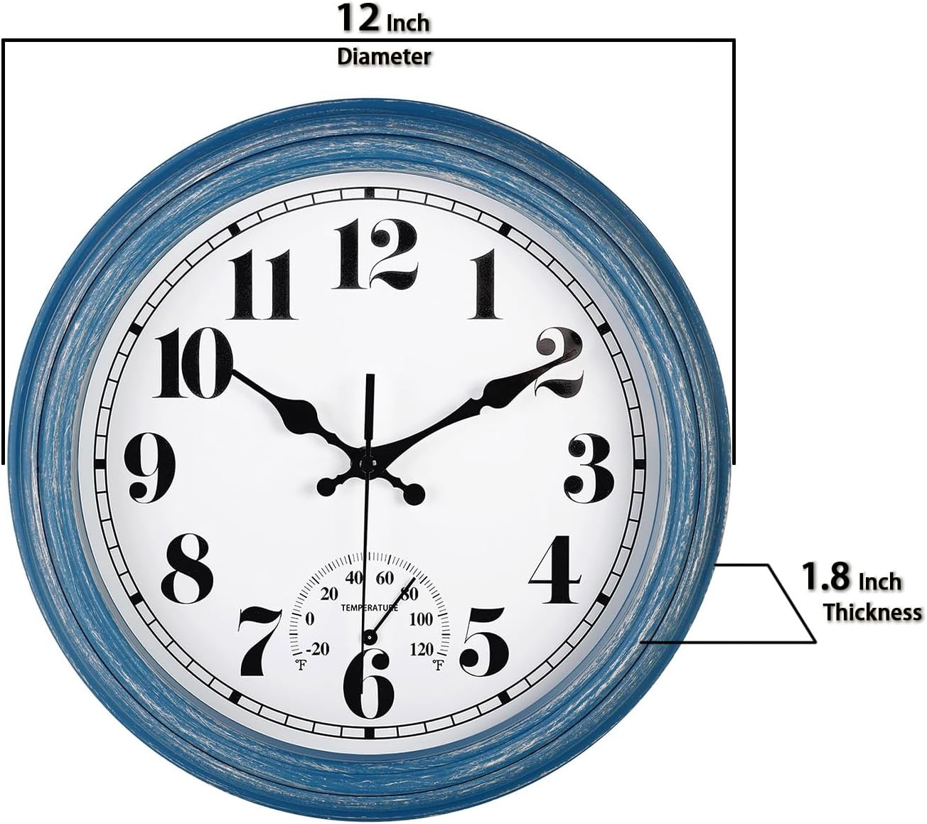 JENLYSTIME 12 Inch Indoor/Outdoor Retro Waterproof Wall Clock with Thermometer Silent Round Quartz Battery Operated Easy to Read Decorative for Kitchen Patio,Bathroom,Deck,Porch,Pool(Blue) - Image 7