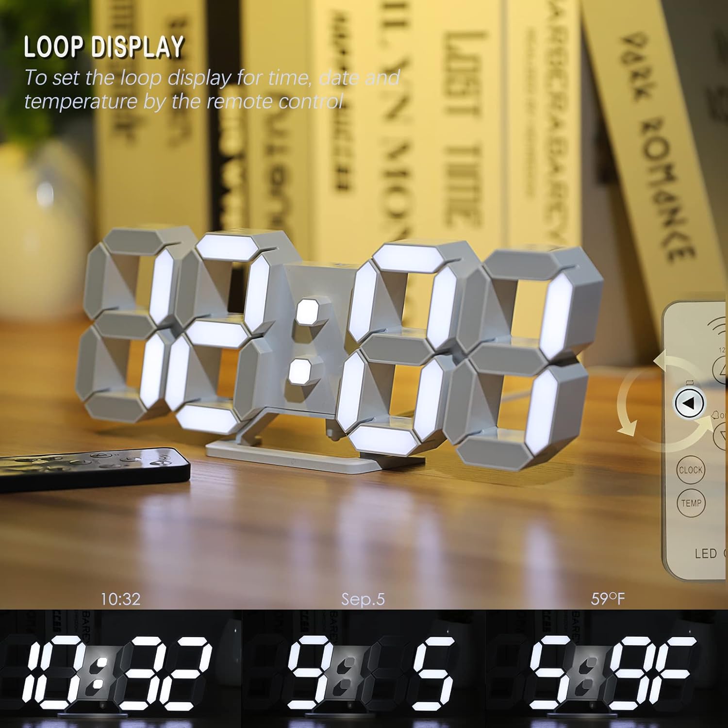 KOSUMOSU 3D LED Digital Wall Clock ,9.7", Large Display Table/ Desk Clock with Remote Control 12/24H Temperature (White Light) - Image 3