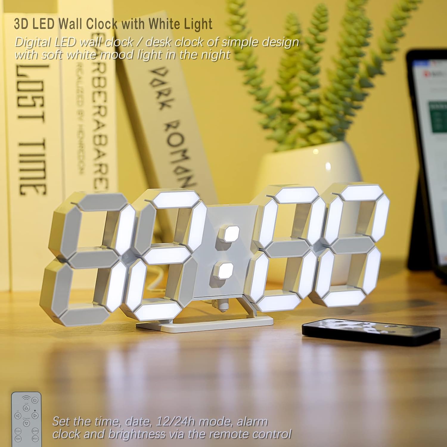 KOSUMOSU 3D LED Digital Wall Clock ,9.7", Large Display Table/ Desk Clock with Remote Control 12/24H Temperature (White Light) - Image 5