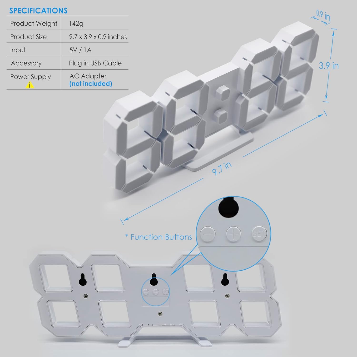 KOSUMOSU 3D LED Digital Wall Clock ,9.7", Large Display Table/ Desk Clock with Remote Control 12/24H Temperature (White Light) - Image 6