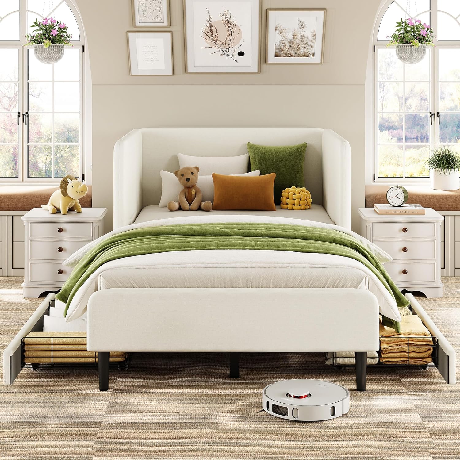 LIKIMIO Twin XL Daybed with Headboard, Corner Bed Frame with Bed Rails and Storage Drawers, Solid Support, for Bedroom Guest Room, Cream - Image 2