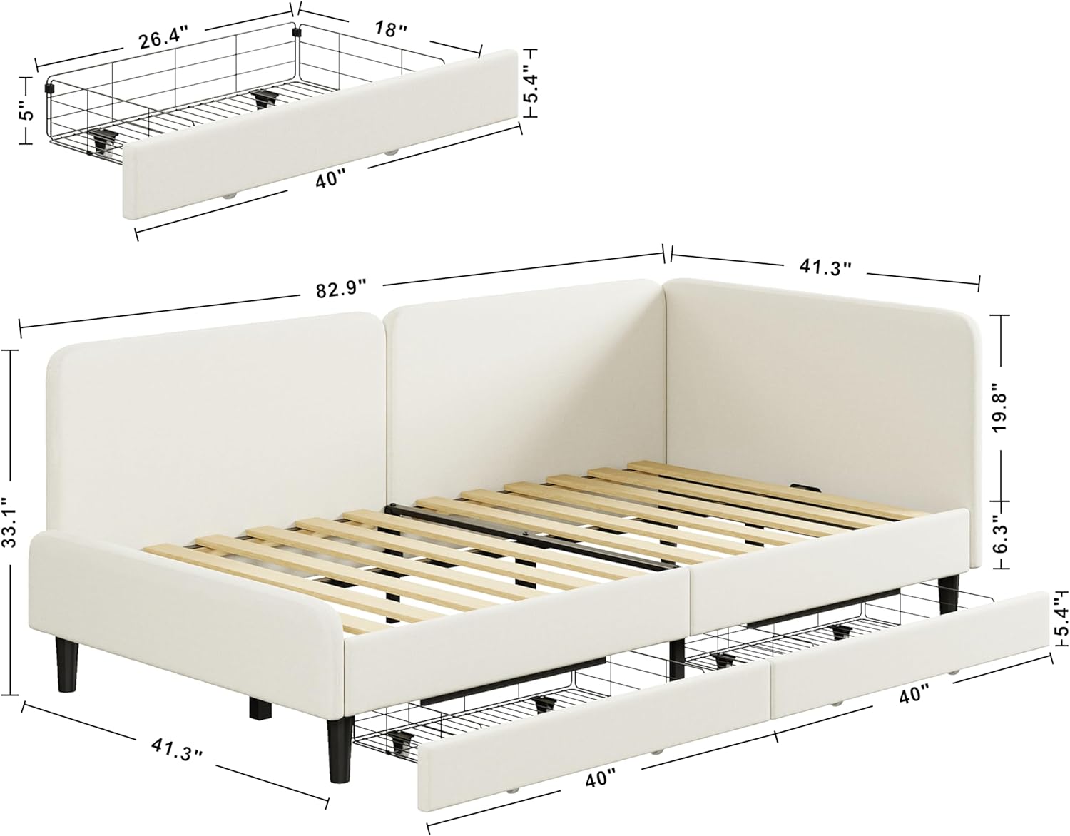 LIKIMIO Twin XL Daybed with Headboard, Corner Bed Frame with Bed Rails and Storage Drawers, Solid Support, for Bedroom Guest Room, Cream - Image 3
