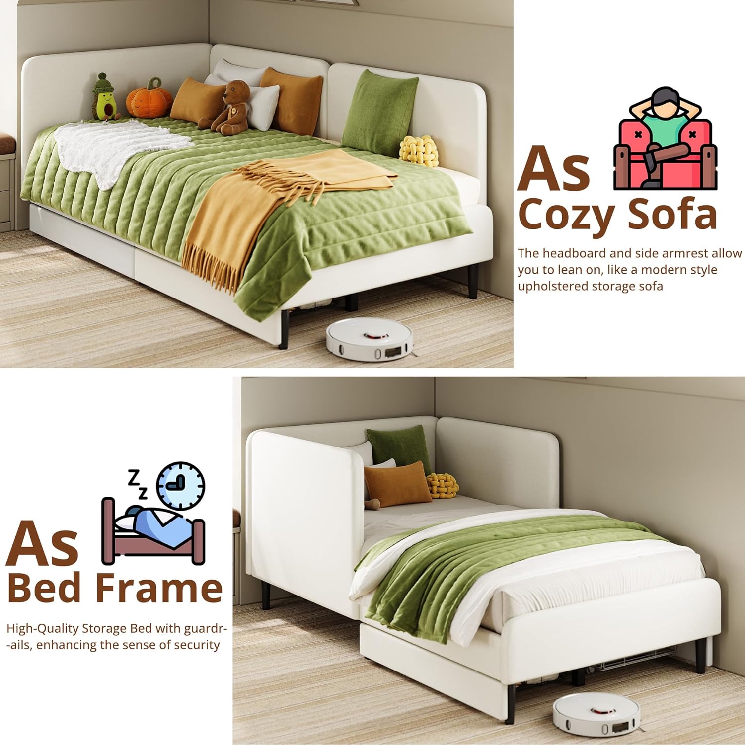 LIKIMIO Twin XL Daybed with Headboard, Corner Bed Frame with Bed Rails and Storage Drawers, Solid Support, for Bedroom Guest Room, Cream - Image 4