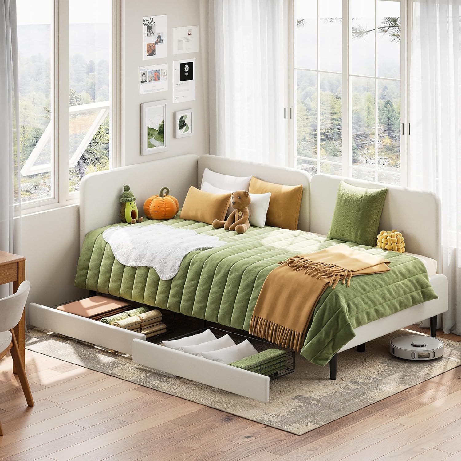 LIKIMIO Twin XL Daybed with Headboard, Corner Bed Frame with Bed Rails and Storage Drawers, Solid Support, for Bedroom Guest Room, Cream - Image 8