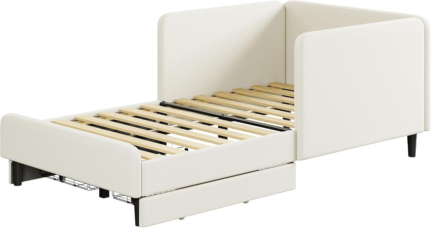 LIKIMIO Twin XL Daybed with Headboard, Corner Bed Frame with Bed Rails and Storage Drawers, Solid Support, for Bedroom Guest Room, Cream - Image 9